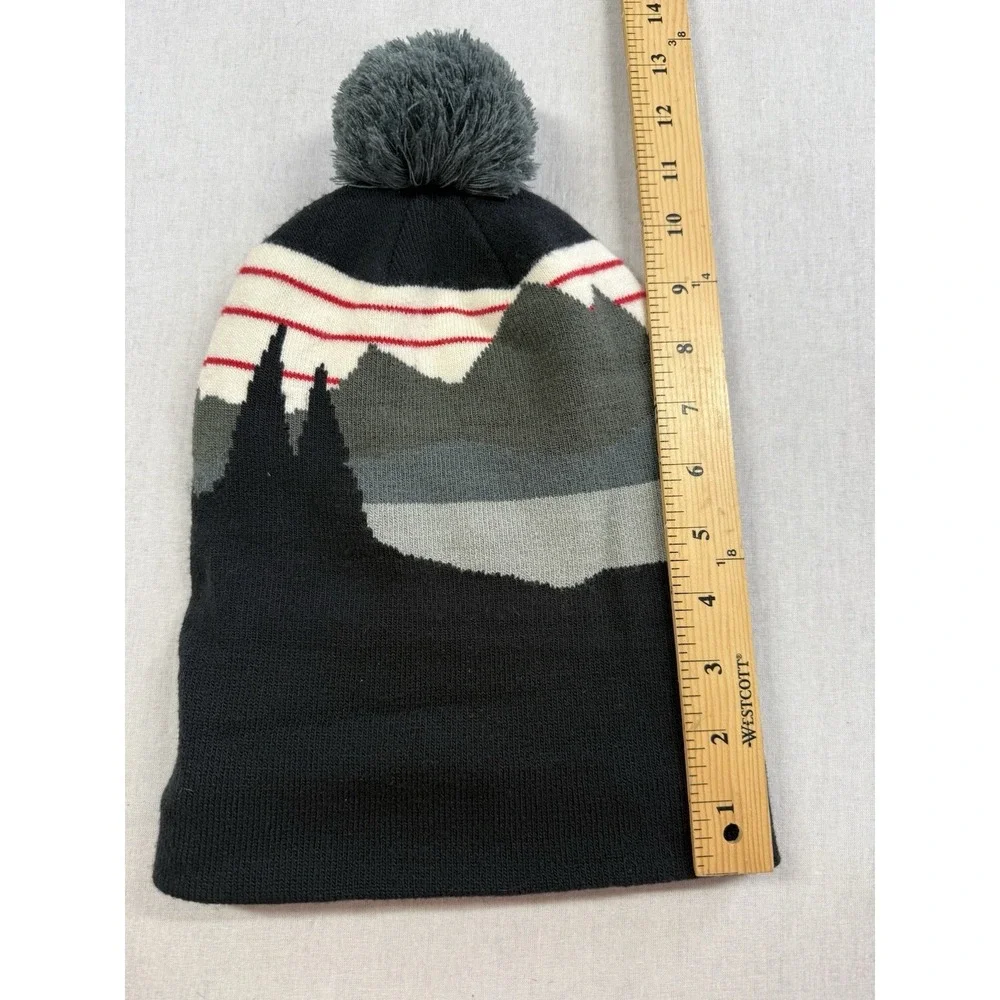 LL Bean Pom Pom Beanie Winter Hat Blue Gray Adult Unisex OSFA Stretch Mountains